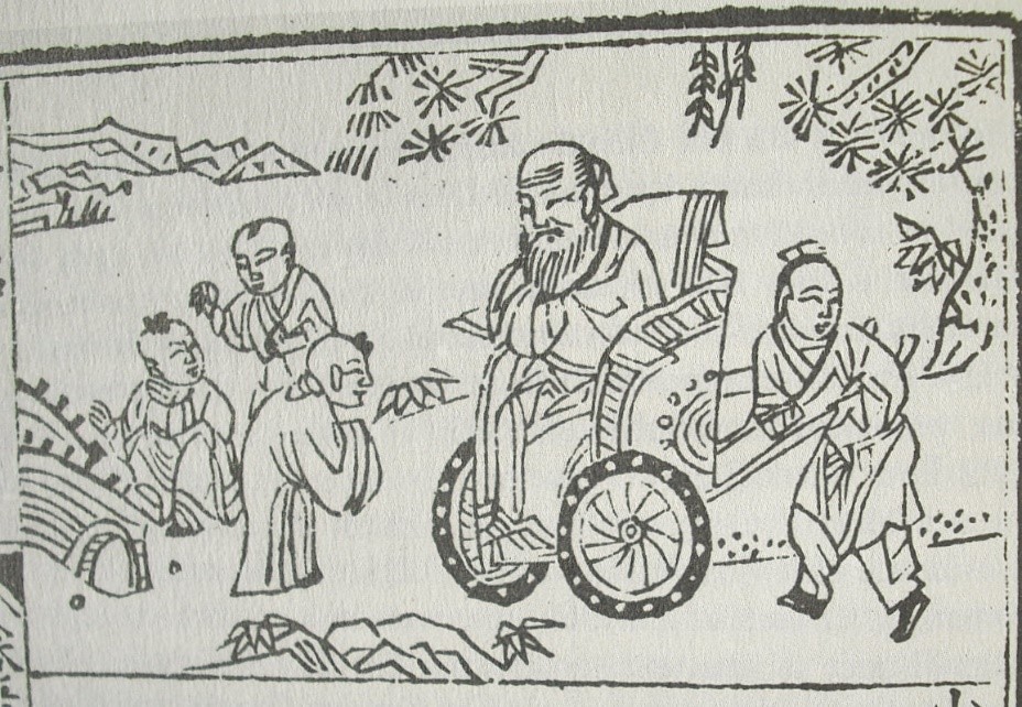 Rozhovor mezi Konfuciem a dítětem, které sedí na kolečkovém křesle.