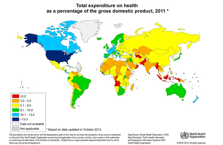 Světová zdravotnická organizace: Celkové výdaje na zdravotnictví jako procento hrubého domácího produktu - 2011